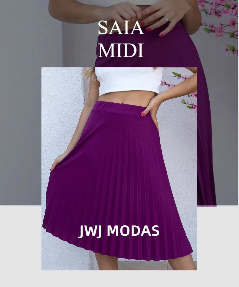 Moda feminina plissada evangélica elegante saia midi de cintura alta com forro mesmo tecido de saia