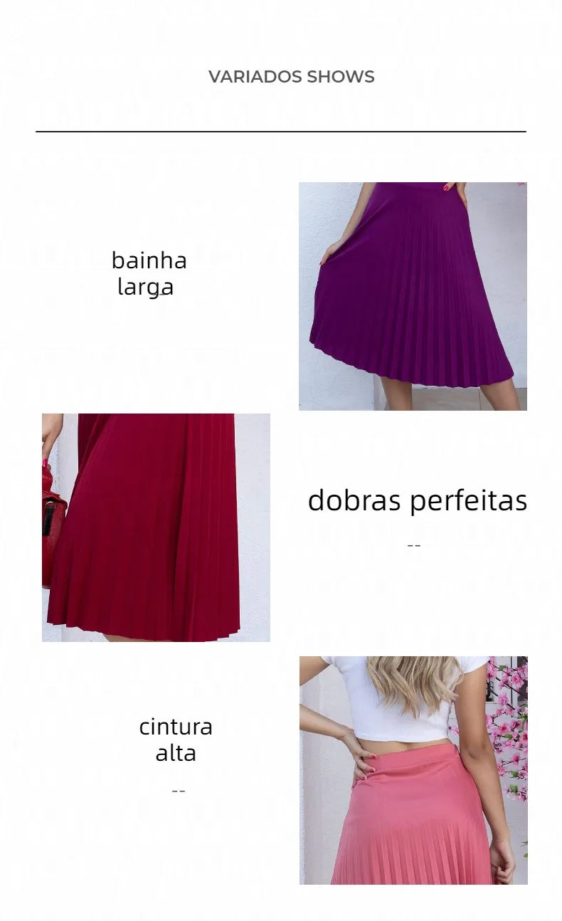 Moda feminina plissada evangélica elegante saia midi de cintura alta com forro mesmo tecido de saia