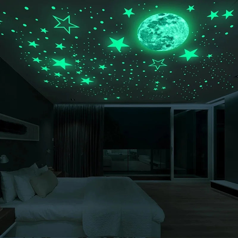 Adesivo de parede luminoso 3D, estrelas pontos para quarto de crianças, decoração de casa, brilha no escuro, decalque de lua fluorescente, adesivos faça você mesmo!