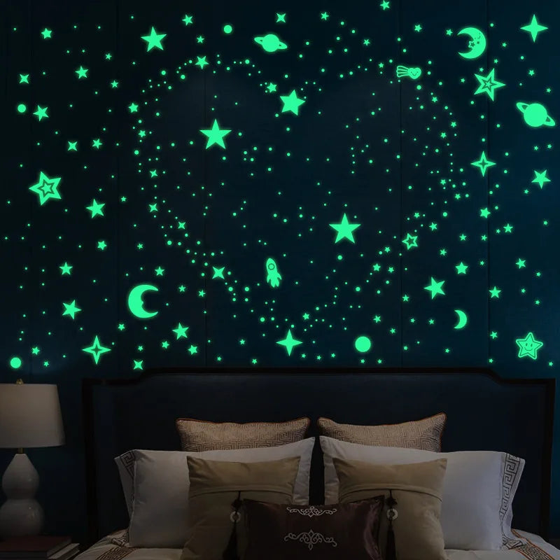 Adesivo de parede luminoso 3D, estrelas pontos para quarto de crianças, decoração de casa, brilha no escuro, decalque de lua fluorescente, adesivos faça você mesmo!