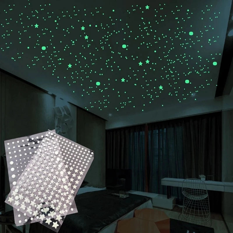 Adesivo de parede luminoso 3D, estrelas pontos para quarto de crianças, decoração de casa, brilha no escuro, decalque de lua fluorescente, adesivos faça você mesmo!