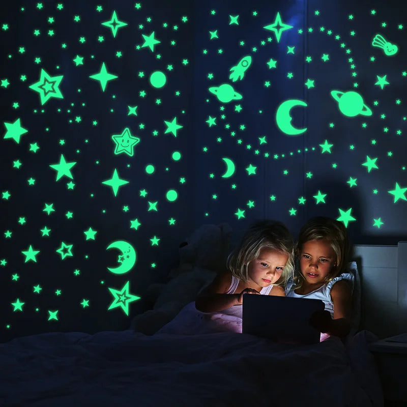 Adesivo de parede luminoso 3D, estrelas pontos para quarto de crianças, decoração de casa, brilha no escuro, decalque de lua fluorescente, adesivos faça você mesmo!