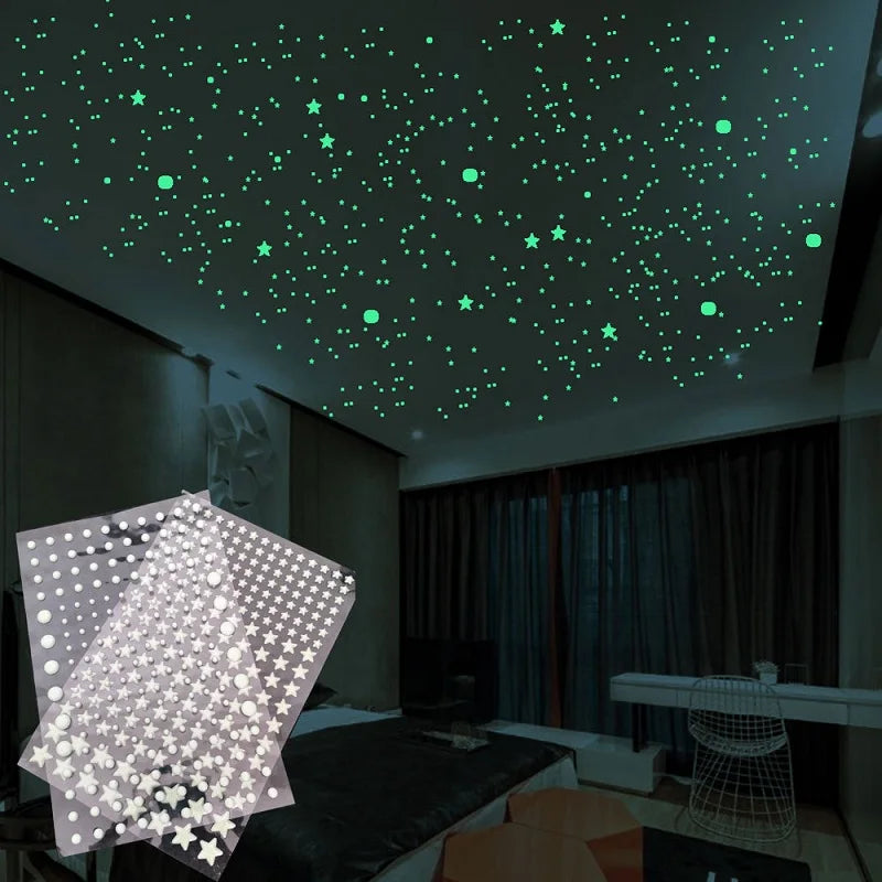 Adesivo de parede luminoso 3D, estrelas pontos para quarto de crianças, decoração de casa, brilha no escuro, decalque de lua fluorescente, adesivos faça você mesmo!