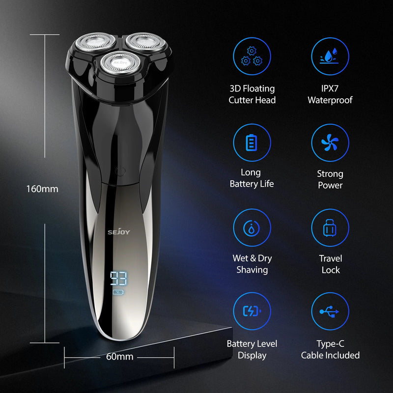 Sejoy Electric Razor Men 3D USB Rechargeable 5W Electric Shaver With LCD Display IPX7 Waterproof Electric Shaving Machine