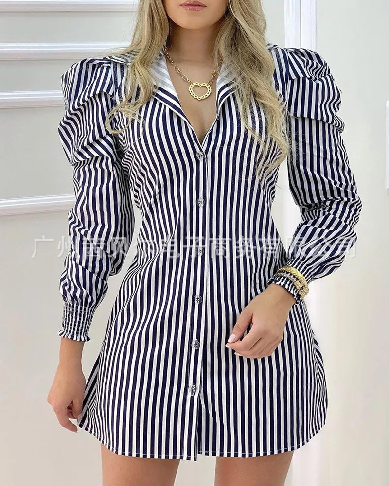 Vestido elegante feminino 2024 verão mais recente estilo europeu e americano comutador cidade listra mangas bolha vestido camisa slim fit