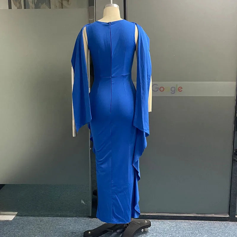 Vestidos de festa elegantes para mulheres 2024 outono inverno, vestido de convidado de casamento renda, cor sólida azul