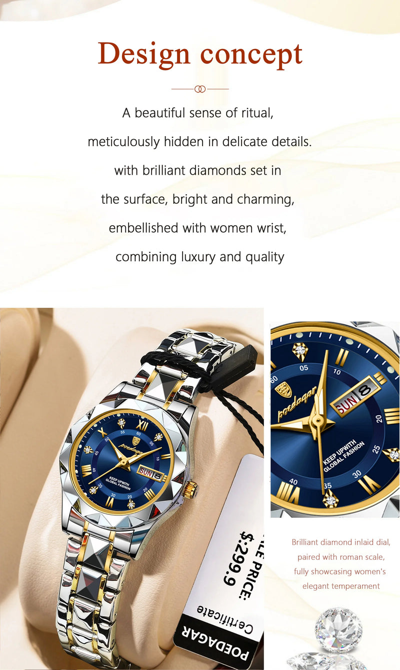 POEDAGAR Luxury Ladies Dress Watch Luminous Waterproof Week Date Woman Wristwatch Stainless Steel Women Quartz Watches reloj+box