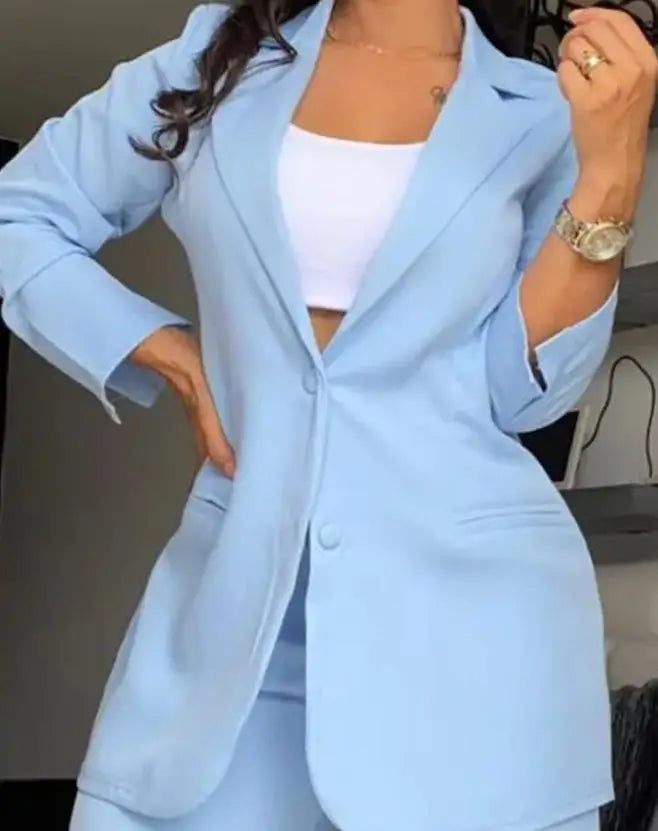 Ternos urbanos femininos 2024 primavera/verão mais recente elegante blazer de gola entalhada casaco de manga comprida e design de bolso conjunto de calças de botão