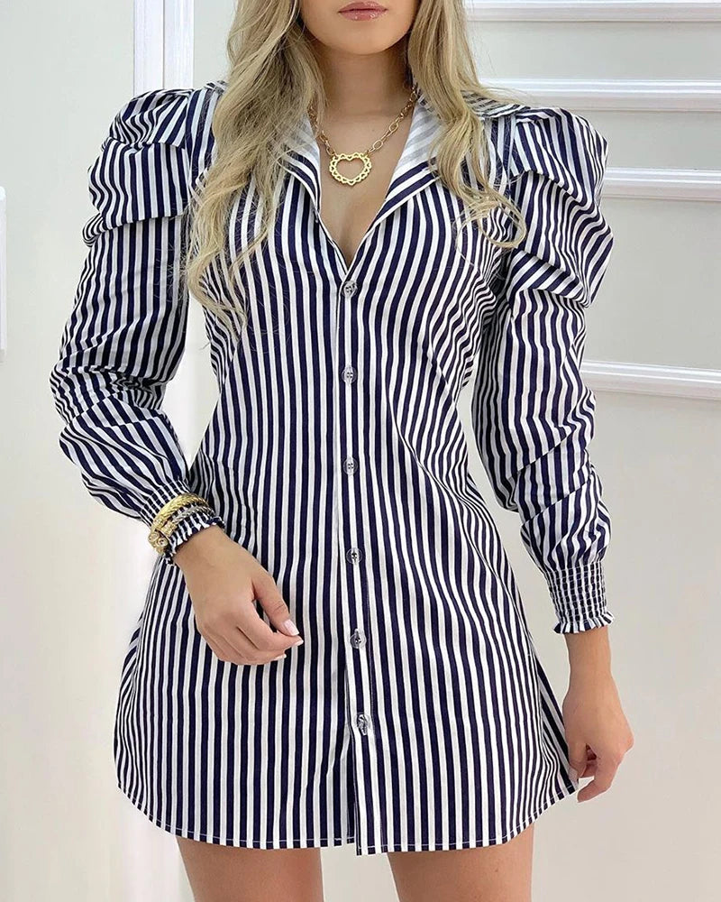 Vestido elegante feminino 2024 verão mais recente estilo europeu e americano comutador cidade listra mangas bolha vestido camisa slim fit