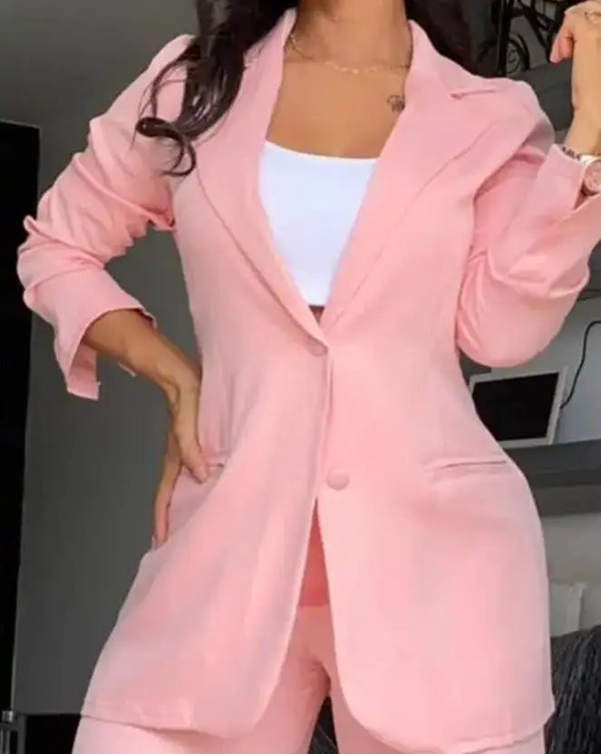 Ternos urbanos femininos 2024 primavera/verão mais recente elegante blazer de gola entalhada casaco de manga comprida e design de bolso conjunto de calças de botão