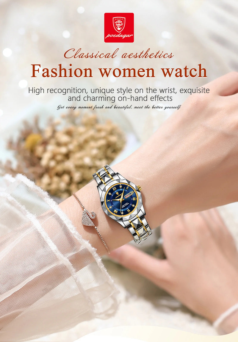 POEDAGAR Luxury Ladies Dress Watch Luminous Waterproof Week Date Woman Wristwatch Stainless Steel Women Quartz Watches reloj+box