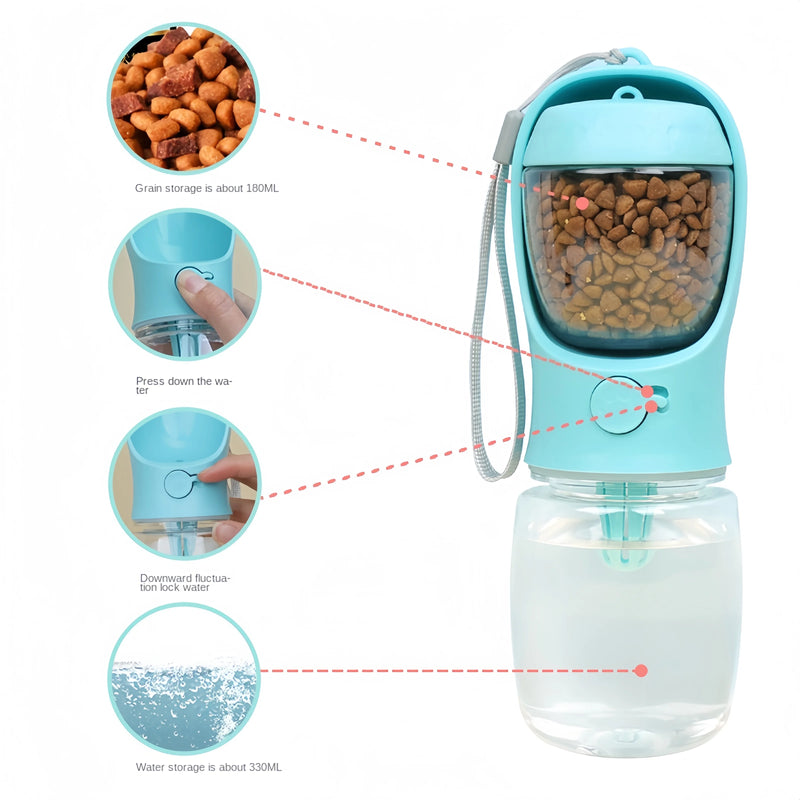 Garrafa de água portátil para cães e gatos com recipiente para armazenamento de alimentos e água para filhotes de estimação, tigela alimentadora para cães, suprimentos para animais de estimação ao ar livre e viagens